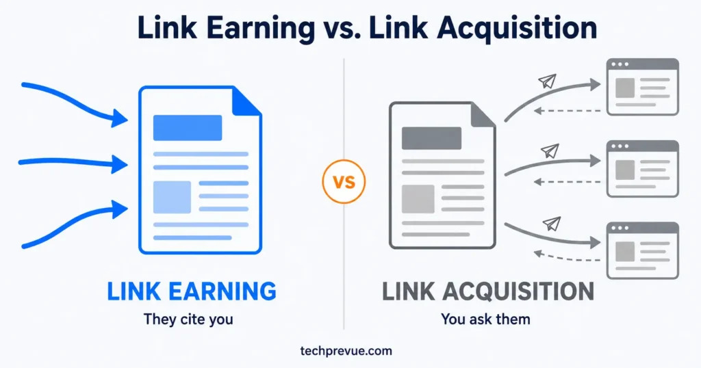 Diagram comparing link earning, where publishers cite you, with link acquisition, where you pitch them