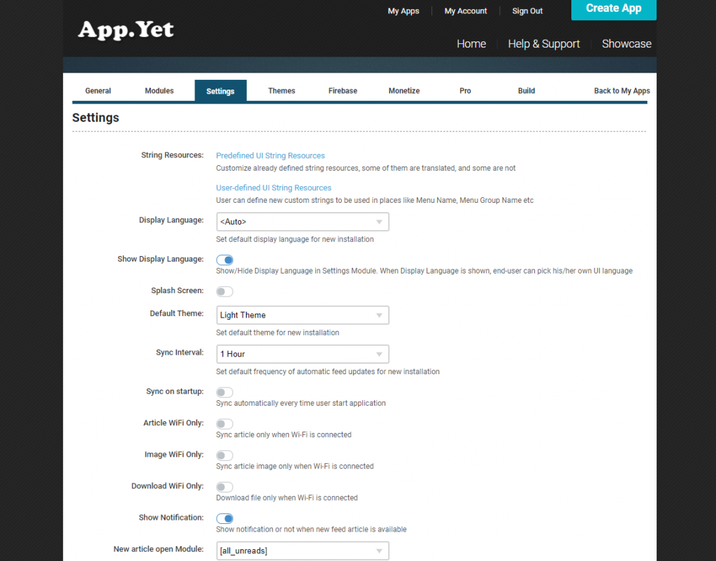 AppYet settings