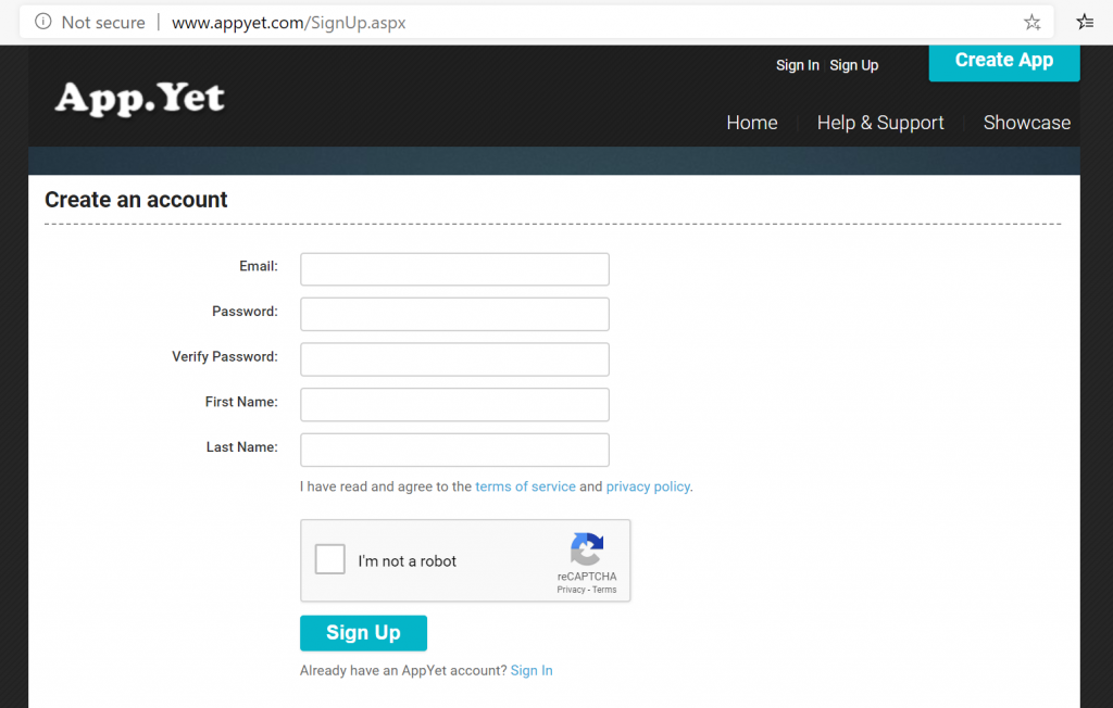 Create AppYet account