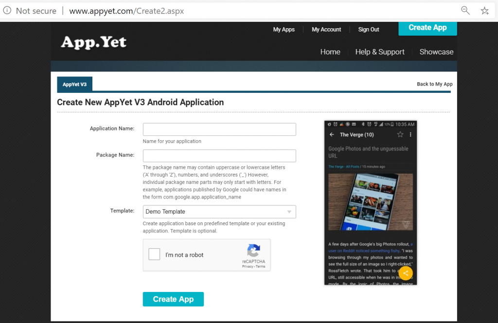 Create new AppYet Android app