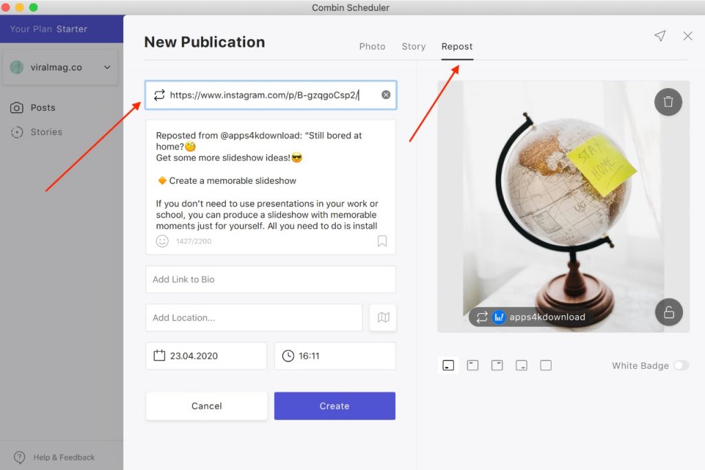 Combin Scheduler - Reposting on Instagram