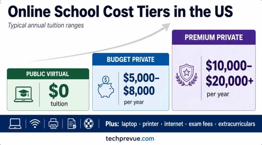 Three ascending cost tiers for online school in the United States: public virtual at zero tuition, budget private at five to eight thousand dollars, and premium private at ten to twenty thousand dollars or more per year