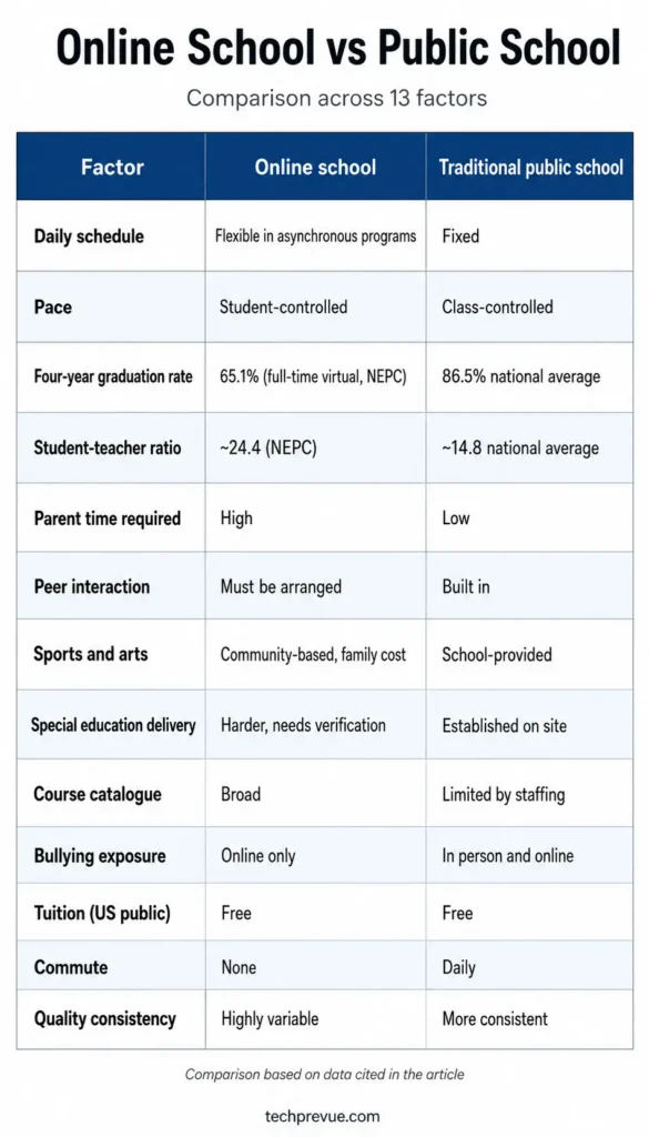 Comparison table of online school versus traditional public school across thirteen factors including graduation rate, student-teacher ratio, parent time required and cost