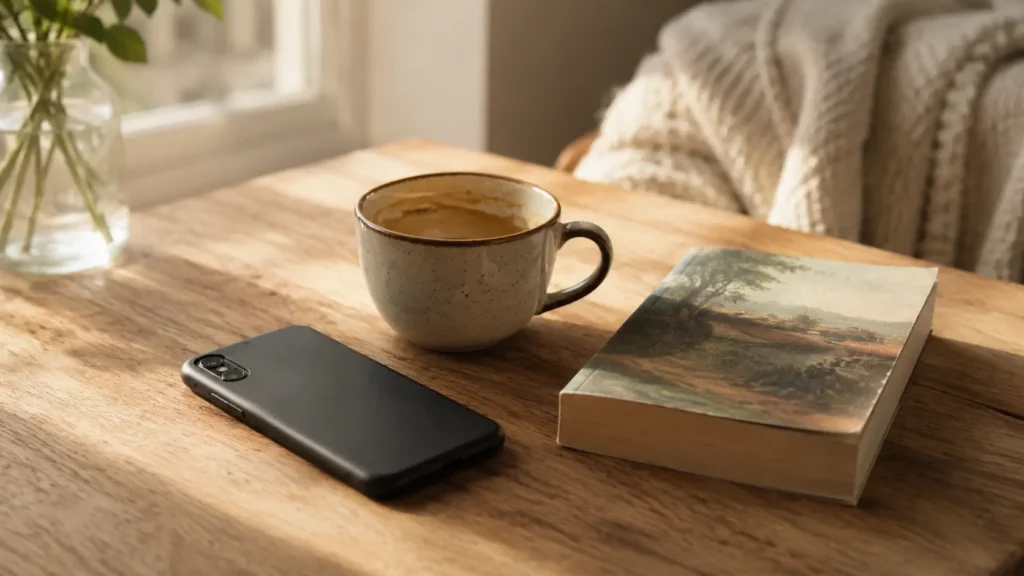 Phone face down beside a book and coffee during a social media break