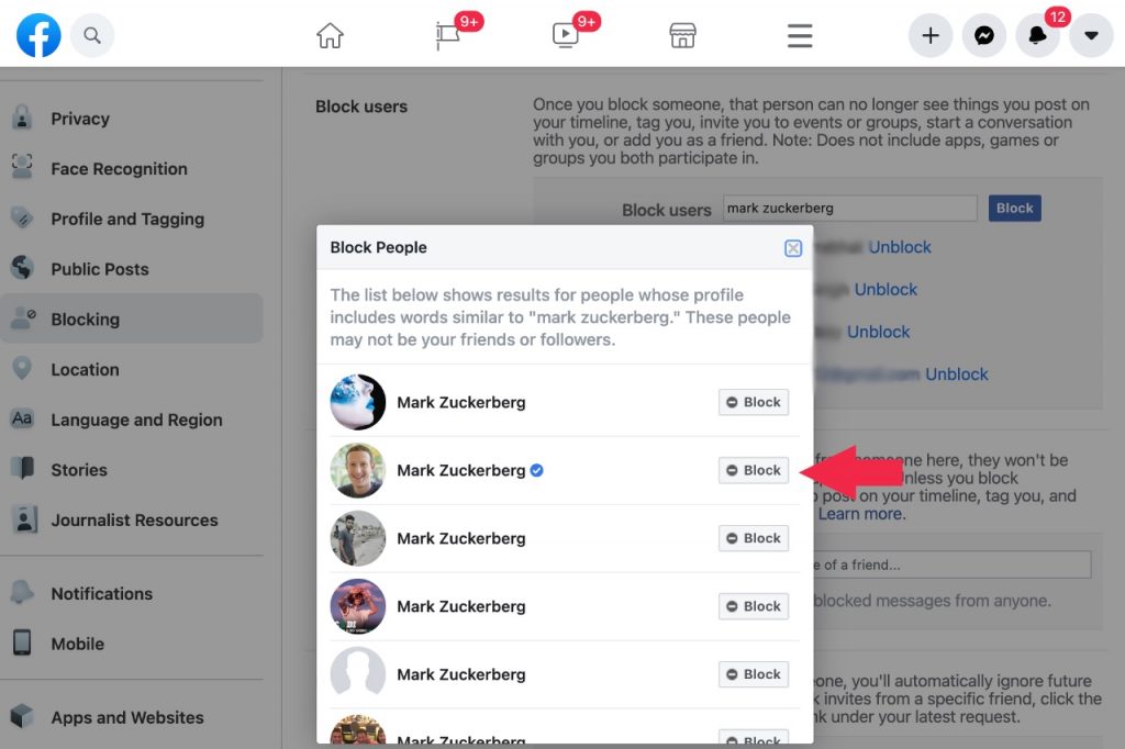 Block Facebook users from the list