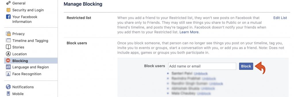 Facebook blocking add name or email