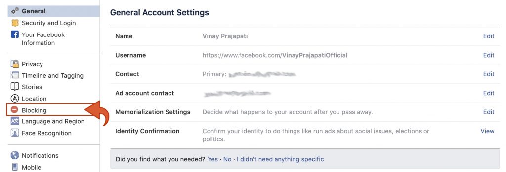 Facebook blocking option