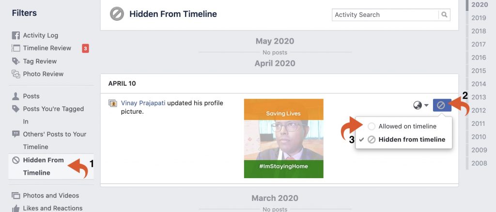 Facebook > hidden from timeline > allowed on timeline - unhide Facebook post