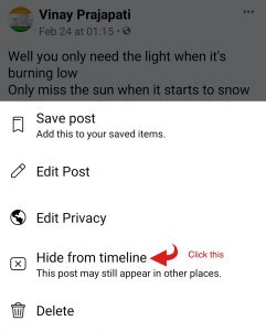 Facebook post- hide from timeline