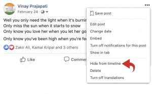 Facebook post - hide from timeline