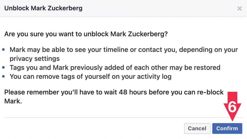 Unblock someone on Facebook web Confirm