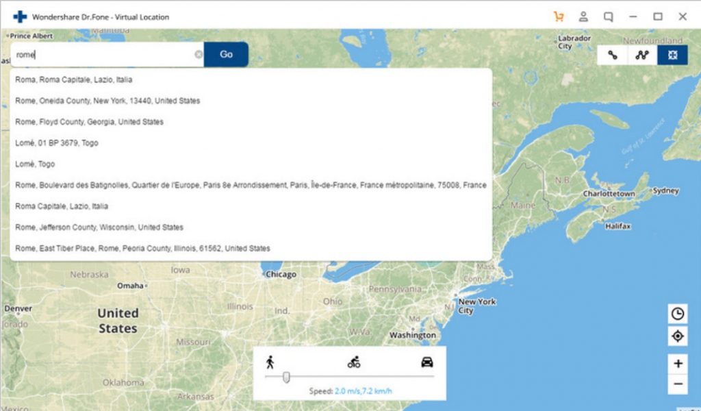 Dr.Fone Virtual Location select a location