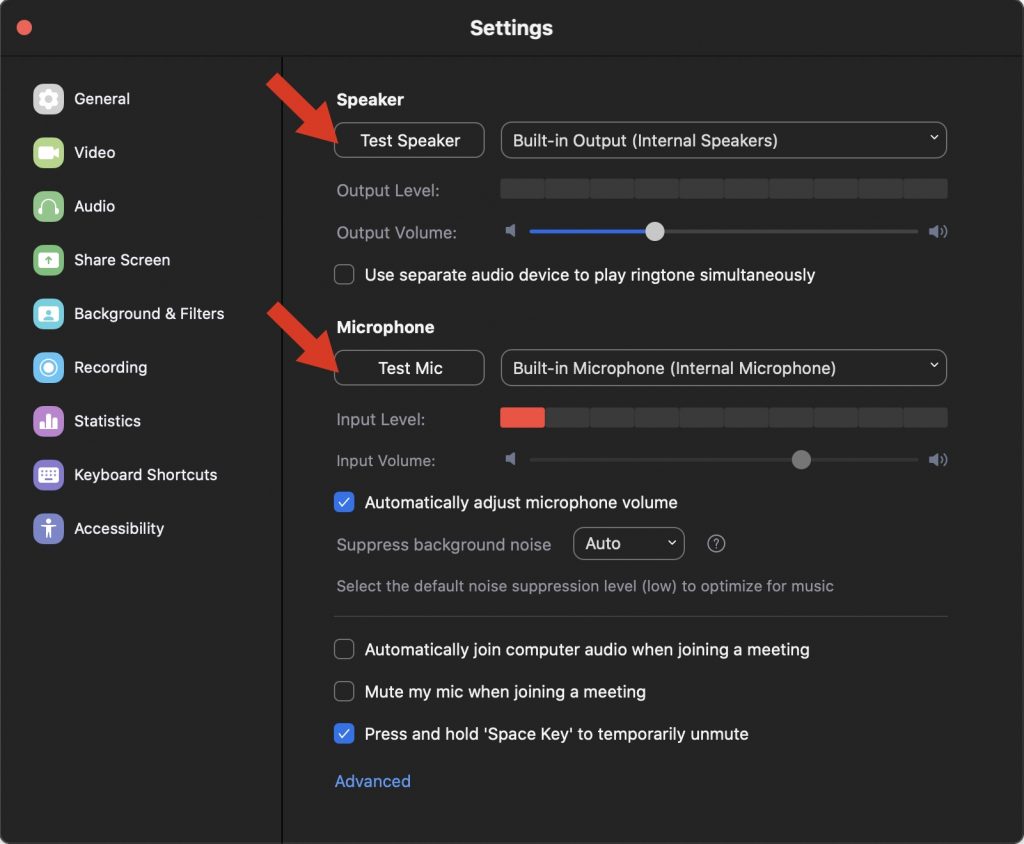 Zoom test speaker and test microphone
