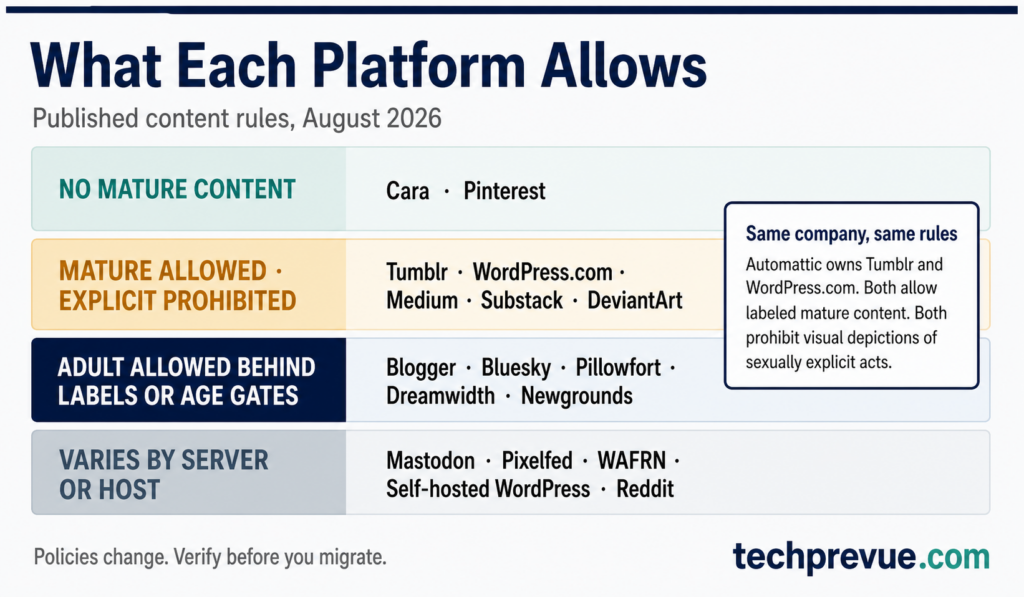 Chart comparing what mature content each Tumblr alternative permits in 2026