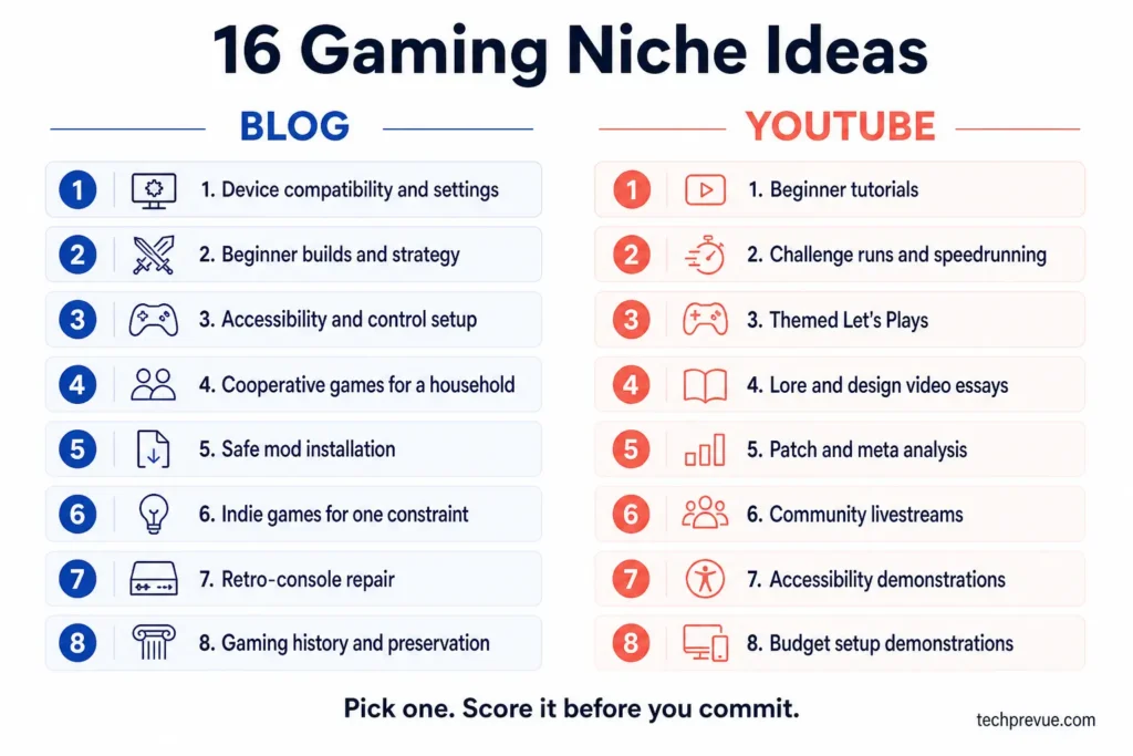 List of eight gaming niche ideas and eight gaming YouTube channel ideas