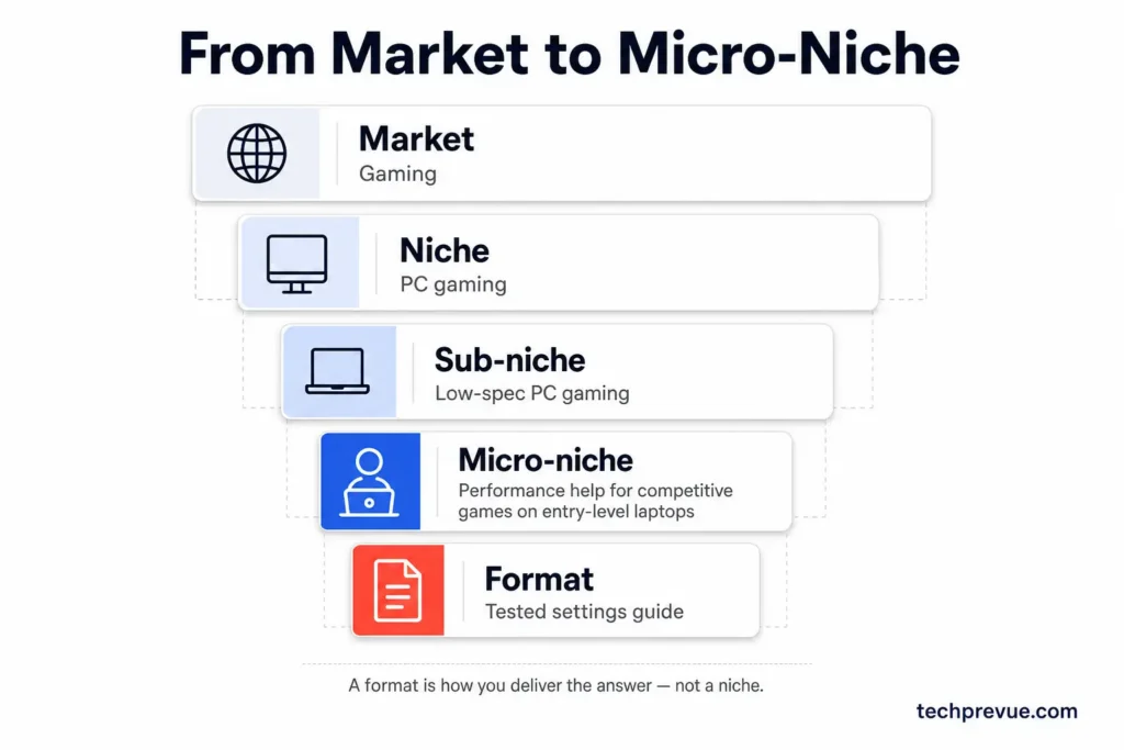 Diagram narrowing gaming from a broad market to a PC gaming micro-niche and content format