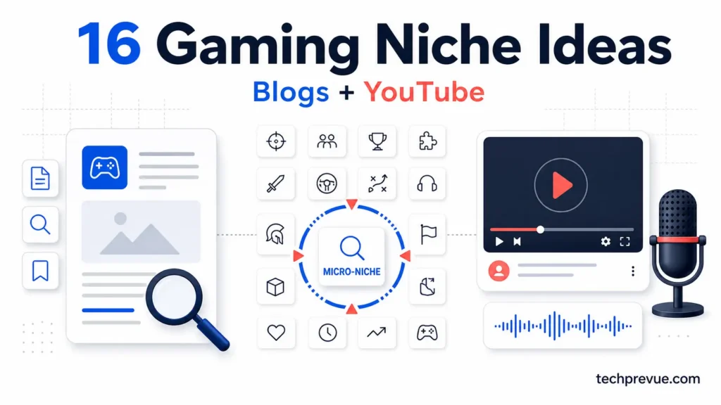 Split illustration comparing gaming niche ideas on the left with YouTube gaming channel niche ideas on the right