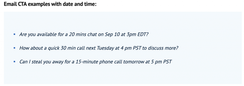 Email CTA examples with date and time