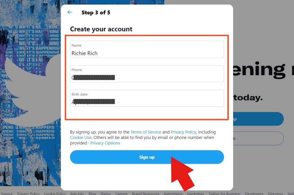 Sign up for twitter