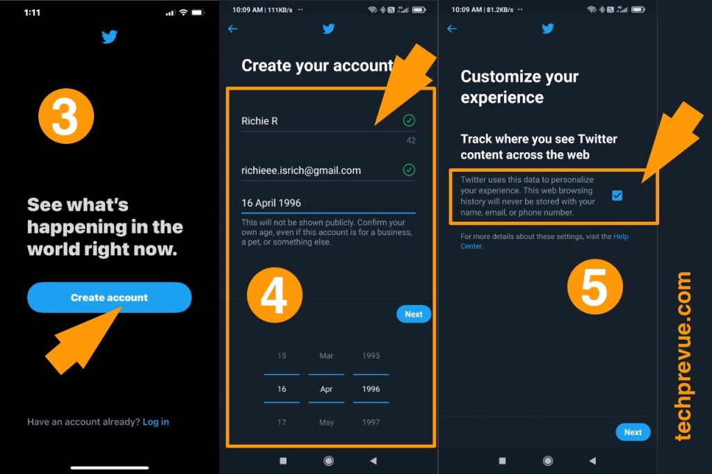 How to create a twitter account step 3 4 5