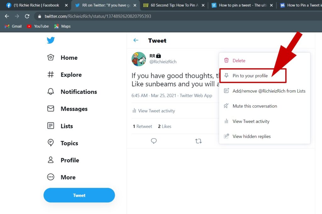 Pin a tweet on Twitter profile