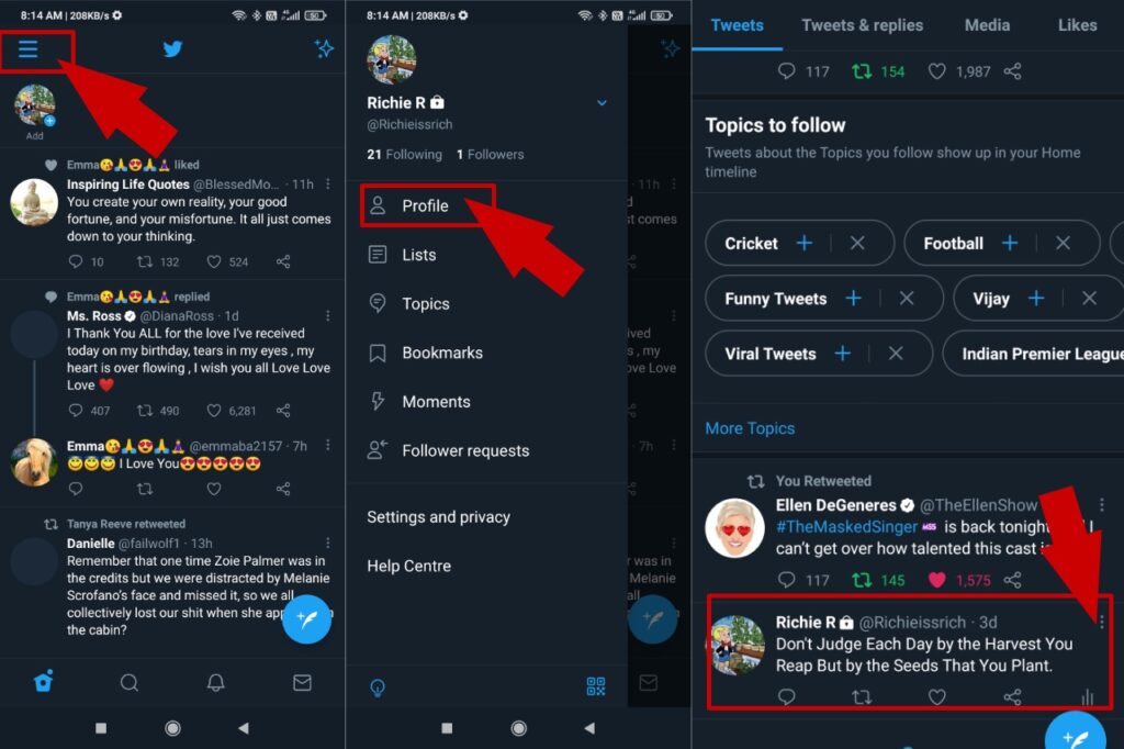 Pin tweet on Twitter profile while using Android