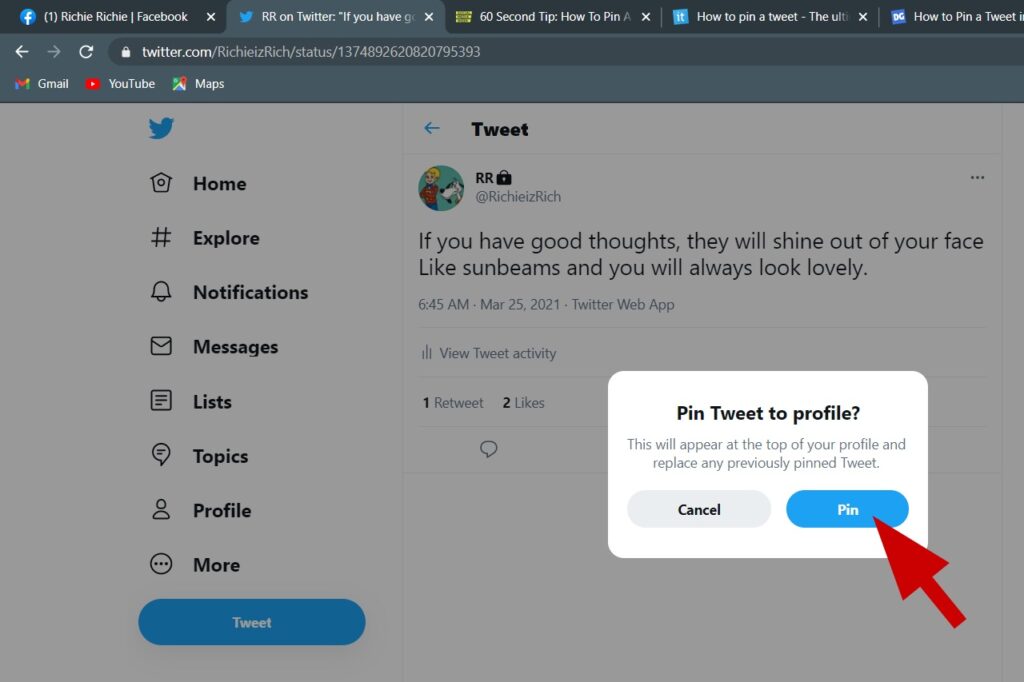 Pin tweet to your Twitter profile