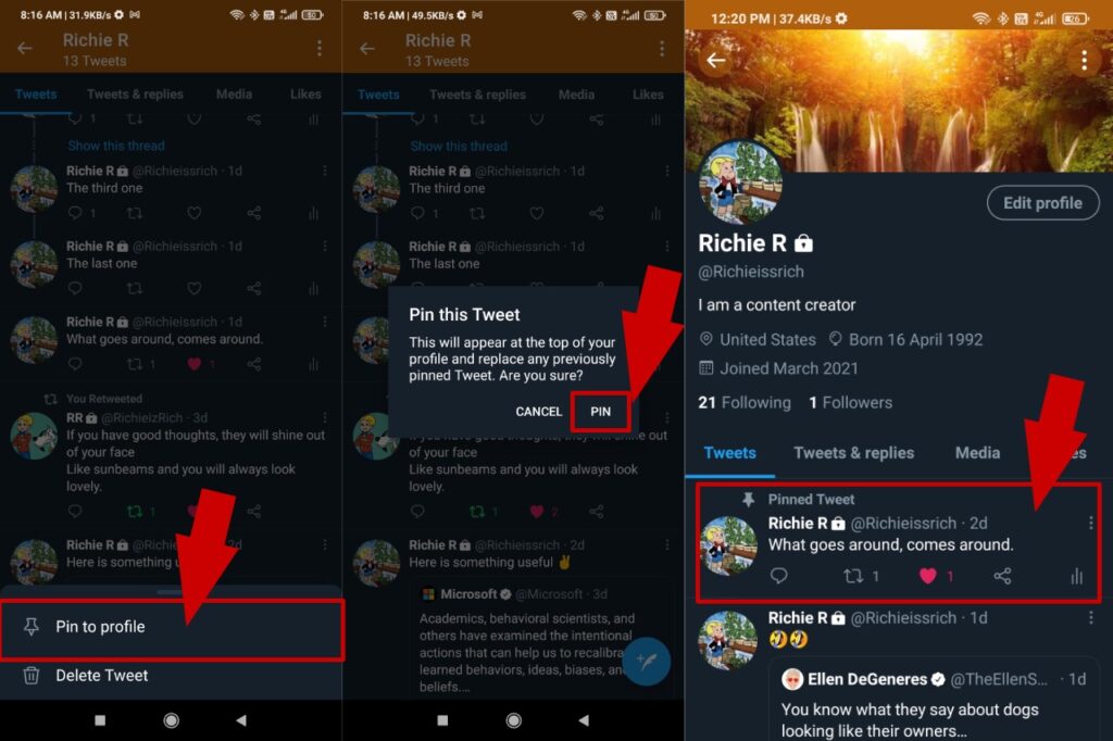 Pin tweet to twitter profile while using Android