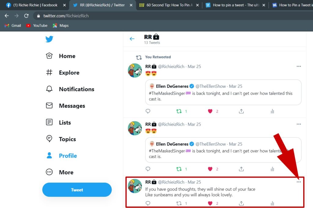 Select a tweet to pin to your Twitter profile