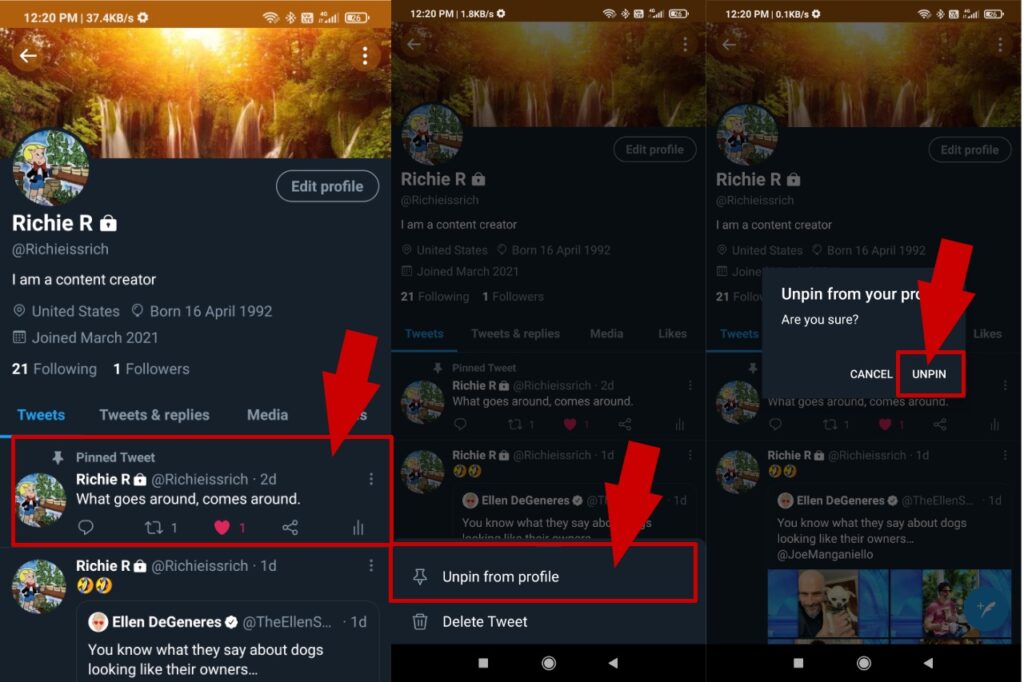 Unpin tweet using Android phone or Tablet