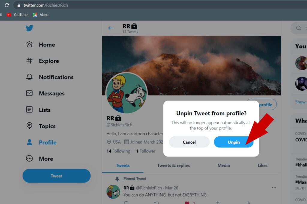 Unpin tweet from Twitter profile