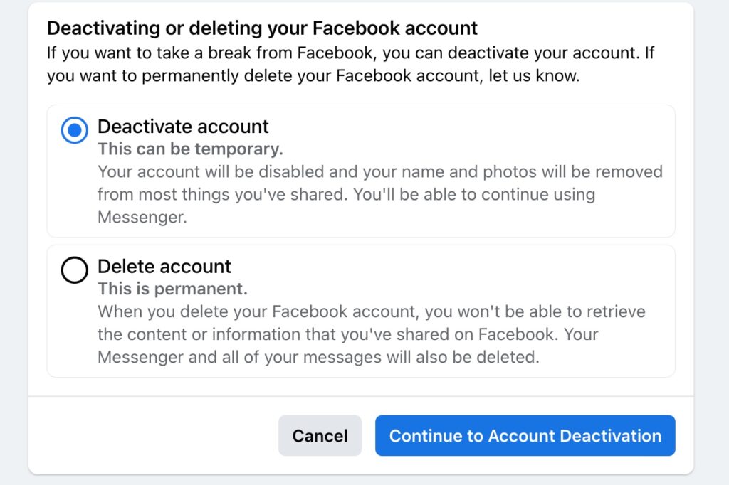 Deactivate or delete Facebook account