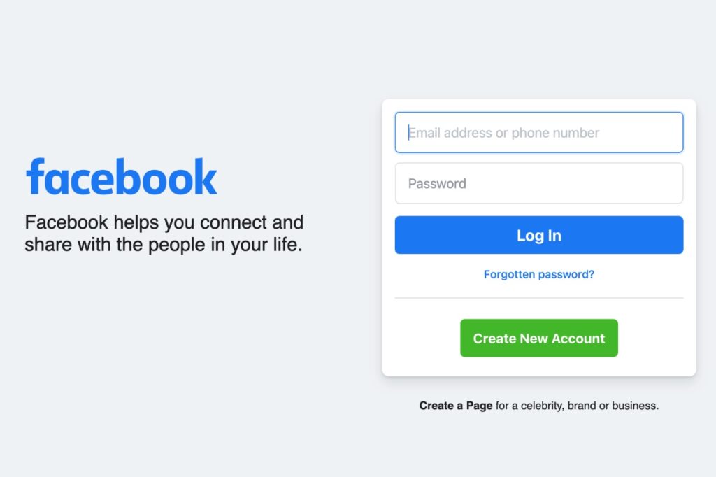 Facebook login page