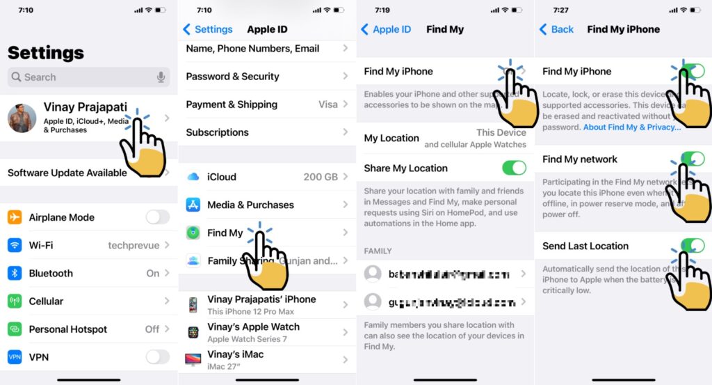 Enable Find My iPhone and other options