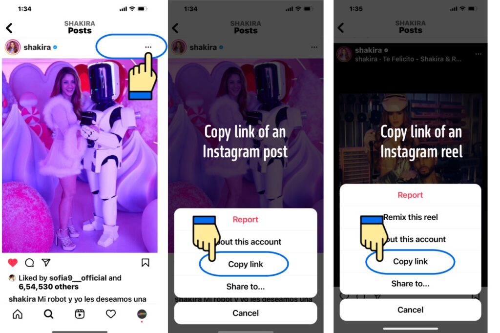 How to copy an Instagram post or reel link