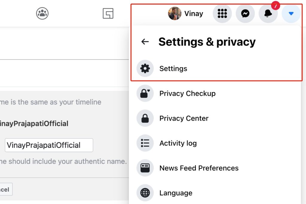 Facebook Settings & privacy > Settings