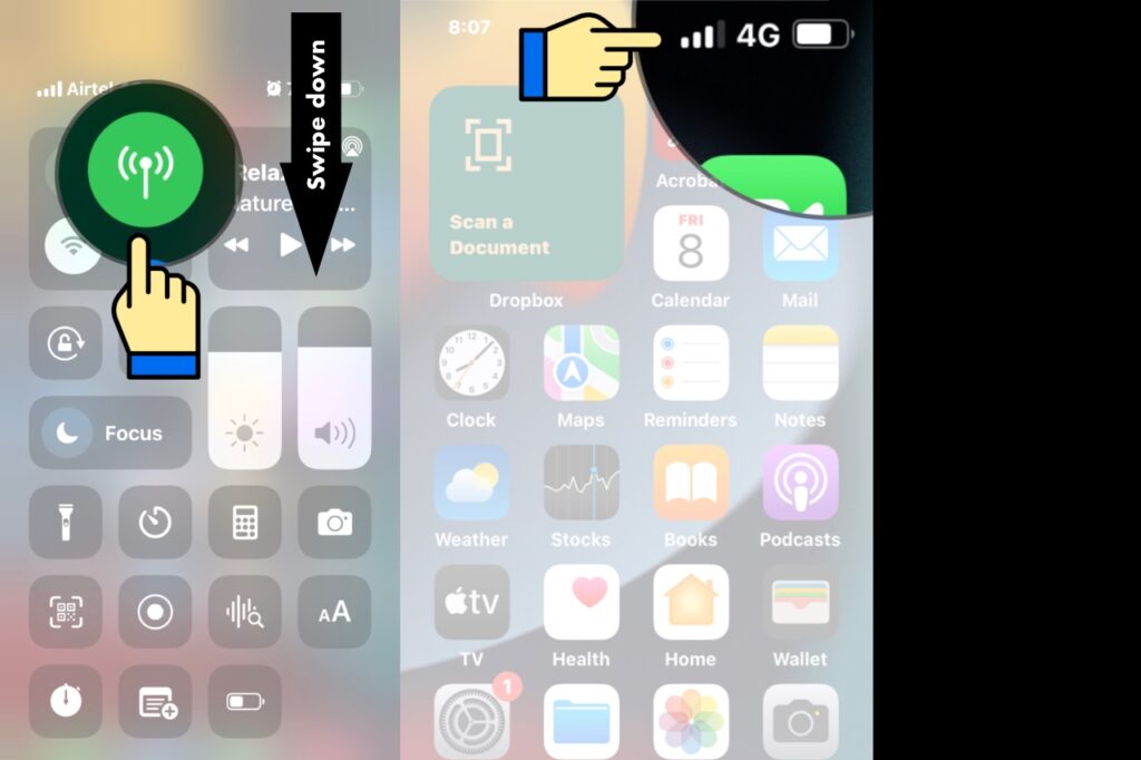 Swipe down to get cellular data option in control center