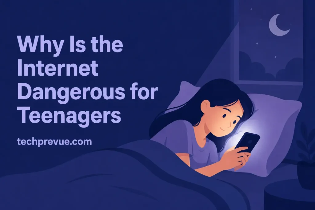 Teenager using a smartphone late at night, illustrating why is the internet dangerous for teenagers