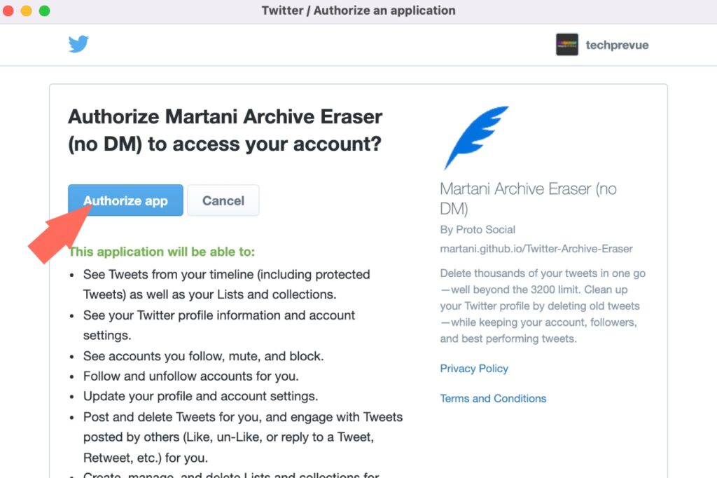 Authorize to Twitter archive eraser