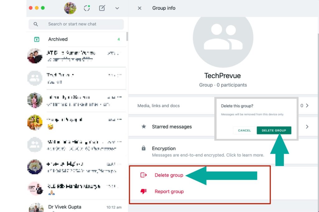 Delete a WhatsApp group from web app