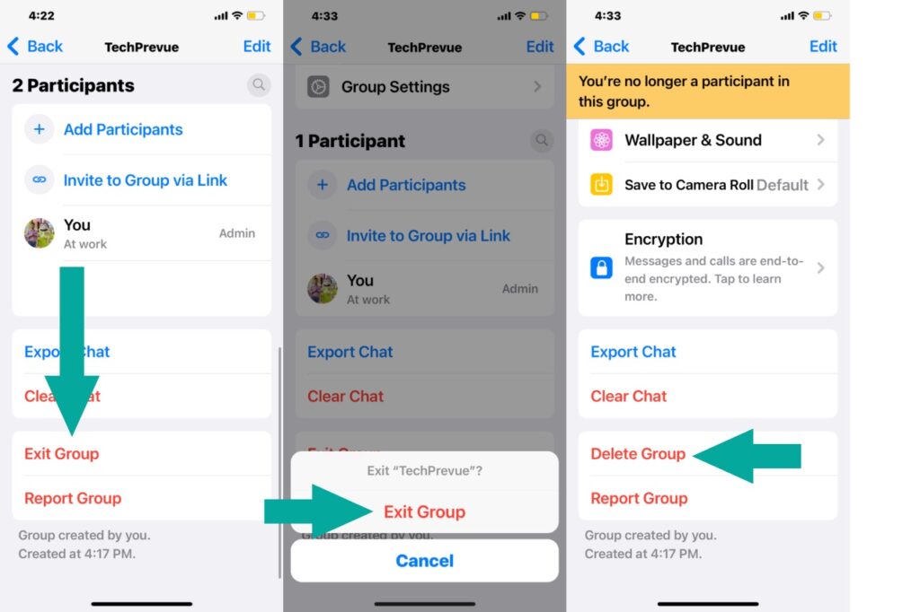 Exit and delete a WhatsApp group as admin