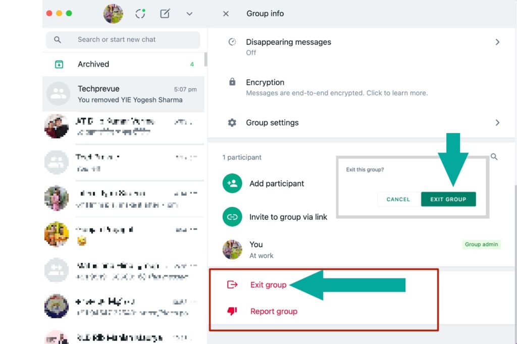 Exit a WhatsApp group from web app
