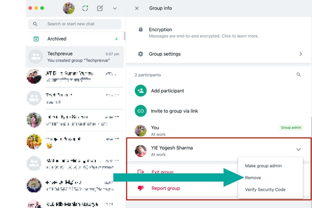 Remove group member from your WhatsApp web