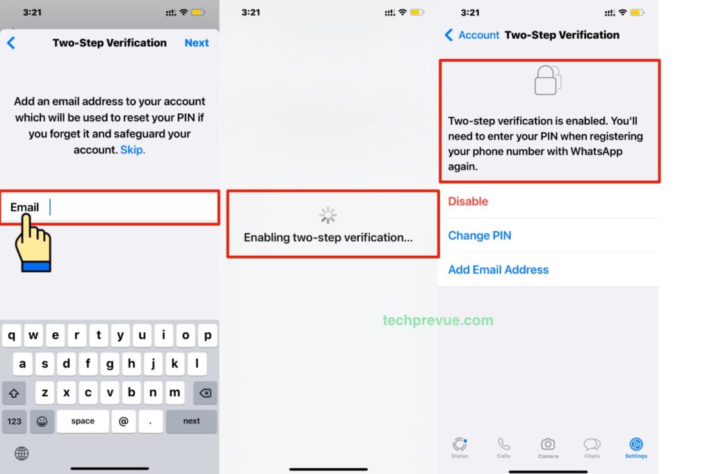 WhatsApp two-step verification recovery email