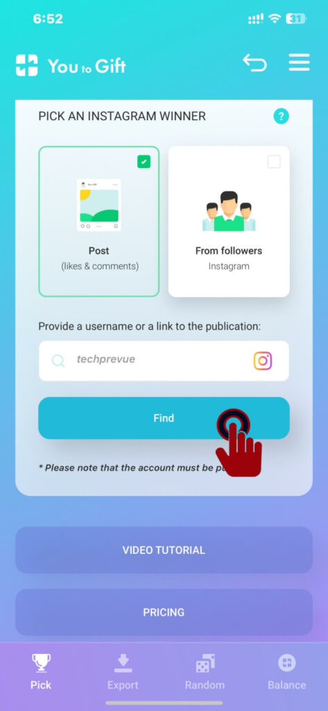 Step 7 You to Gift enter Instagram username