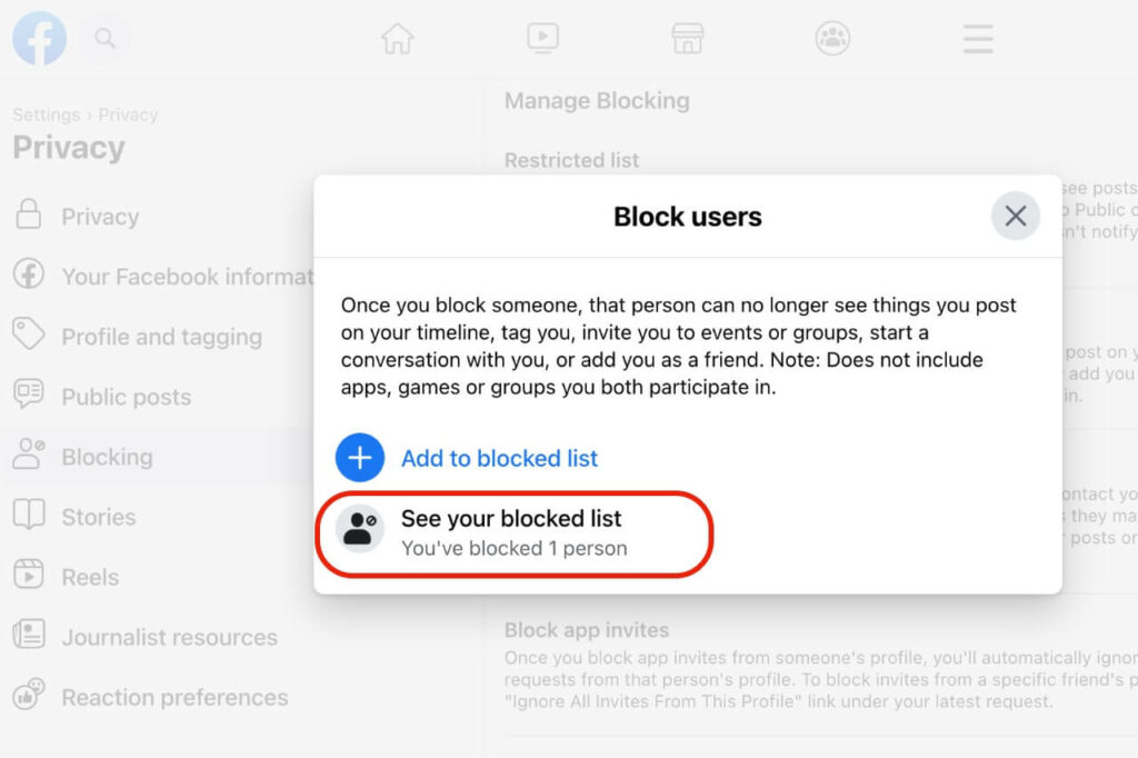 Facebook see your blocked list