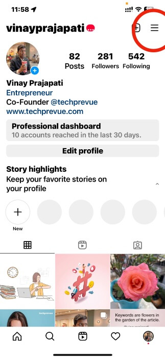 Insta hamburger menu