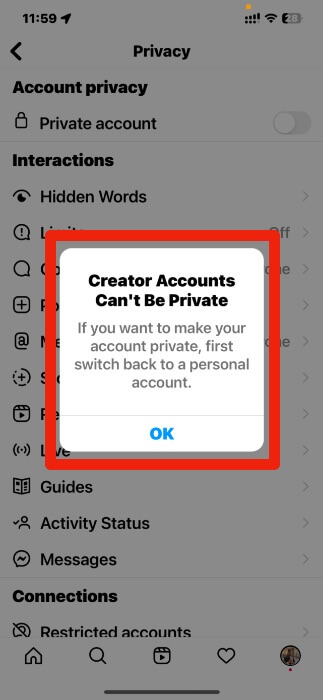 Instagram account private not possible