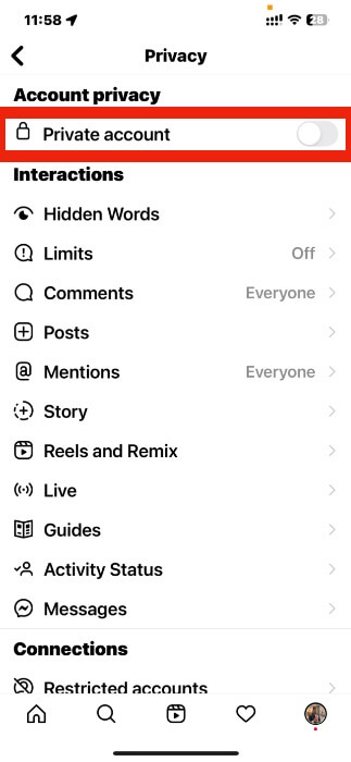 Instagram private account toggle