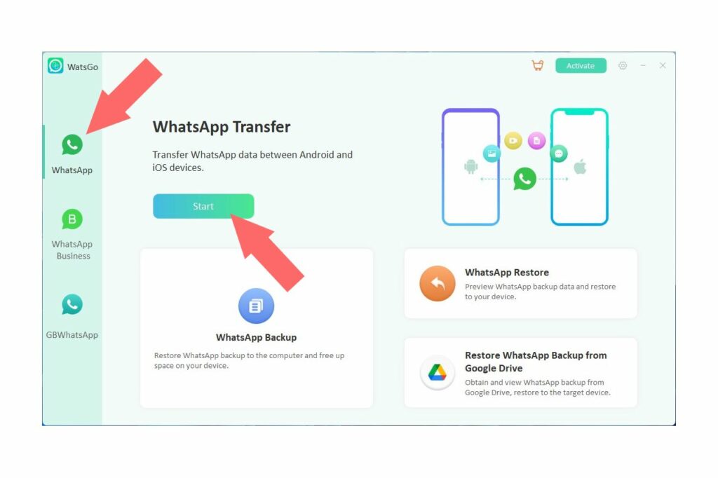 iToolab WatsGo WhatsApp Transfer Start